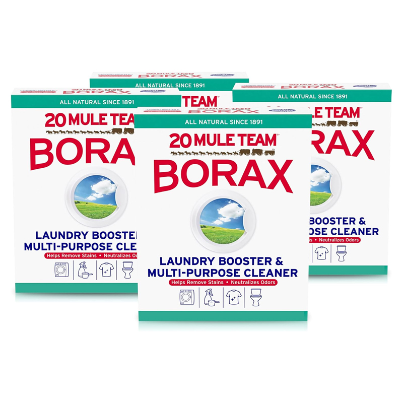 Borax Georgia Mold Mutts, LLC Four boxes of 20 Mule Team Borax Laundry Booster & Multi Purpose Cleaner are shown, featuring eco friendly branding and stain removal claims The packaging also highlights its usefulness in mold detection around the home