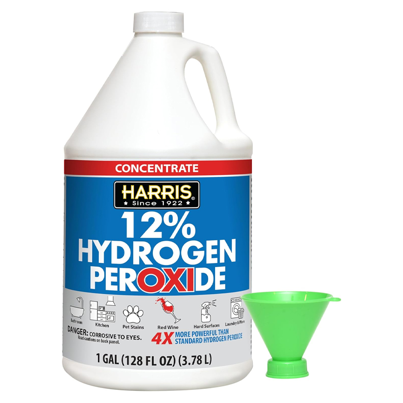 Food Grade Hydrogen Peroxide Georgia Mold Mutts, LLC A 1 gallon bottle of Harris 12% hydrogen peroxide concentrate for mold detection, with a green plastic funnel beside it