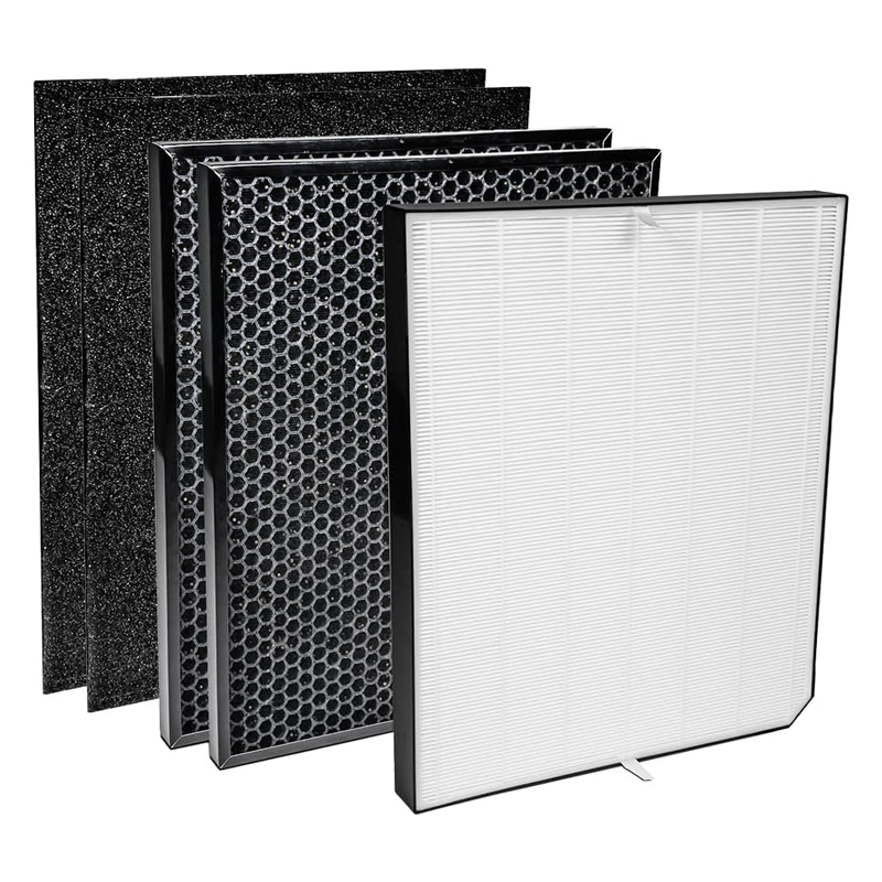 airdoctor-filters Georgia Mold Mutts, LLC Four types of air purifier filters, including HEPA, activated carbon, and pre filters, stand upright in a row with distinct surface textures, designed to enhance air quality and support mold detection